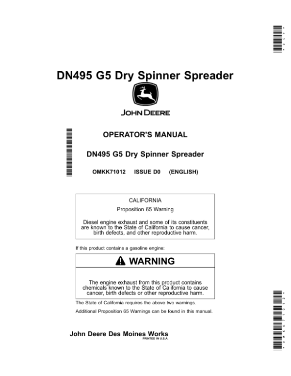 John Deere DN495 G5 Dry Spinner Spreader (MY2020) Operator’s Manual (OMKK71012) Workshop Guide