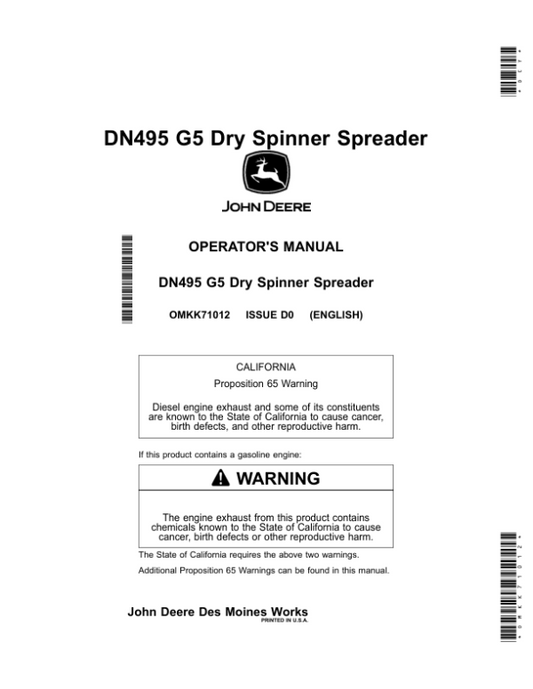 John Deere DN495 G5 Dry Spinner Spreader (MY2020) Operator’s Manual (OMKK71012) Workshop Guide