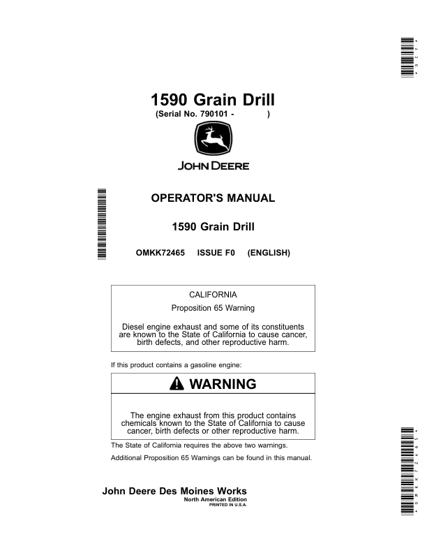 John Deere 1590 Grain Drill (790101-) Operator’s Manual (OMKK72465) Workshop Guide