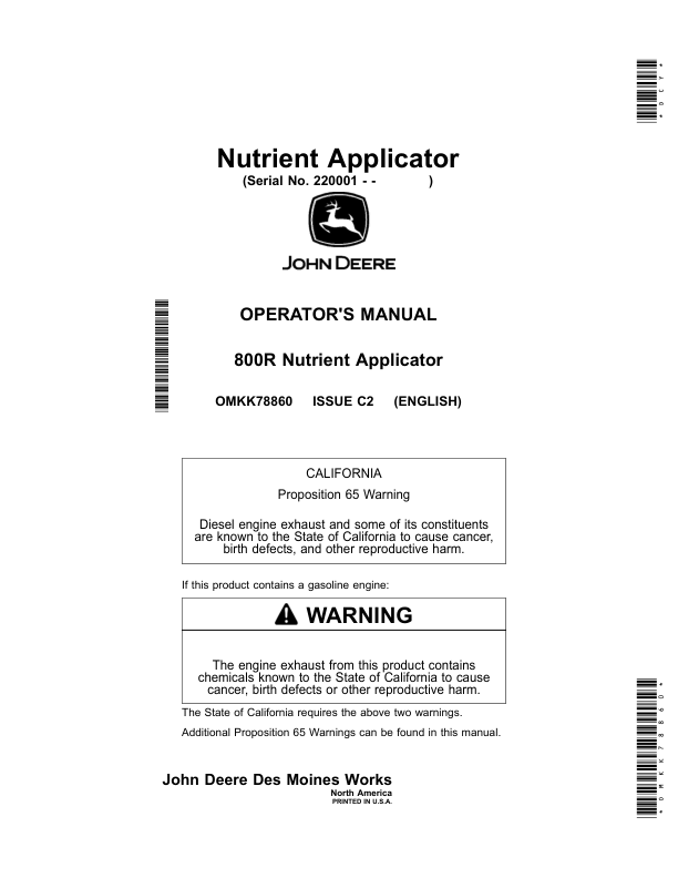 John Deere 800R Nutrient Applicator (220001-) (North America) Operator’s Manual (OMKK78860) Workshop Guide