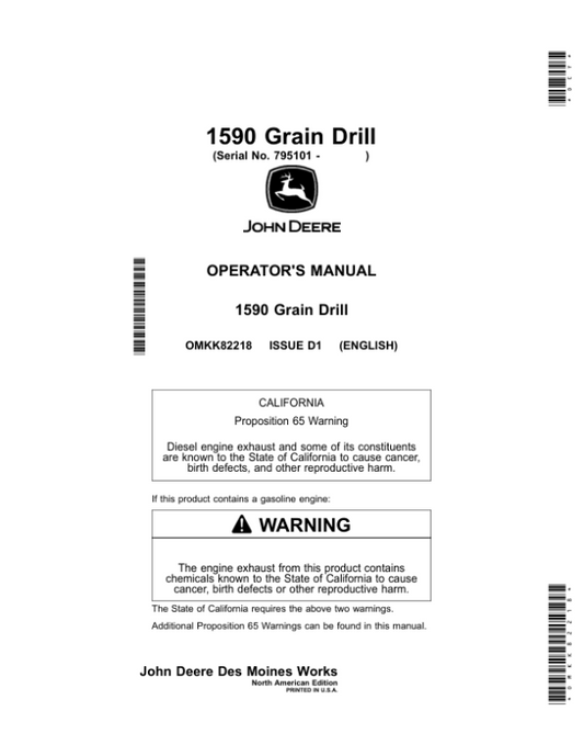 John Deere 1590 Grain Drill (795101-) (North America) Operator’s Manual (OMKK82218) Workshop Guide