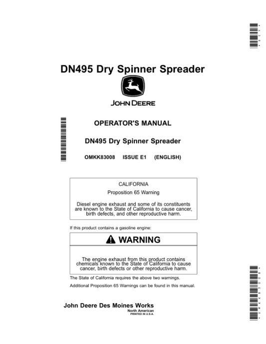 John Deere DN495 Dry Spinner Spreader (North America) Operator’s Manual (OMKK83008) Workshop Guide