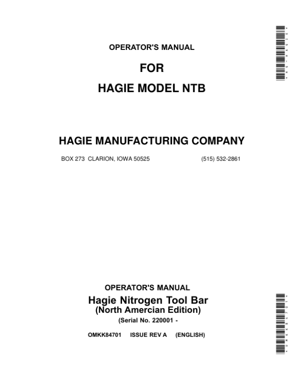 John Deere Nitrogen Tool Bar (022001-) (North American) Operator’s Manual (OMKK84701) Workshop Guide
