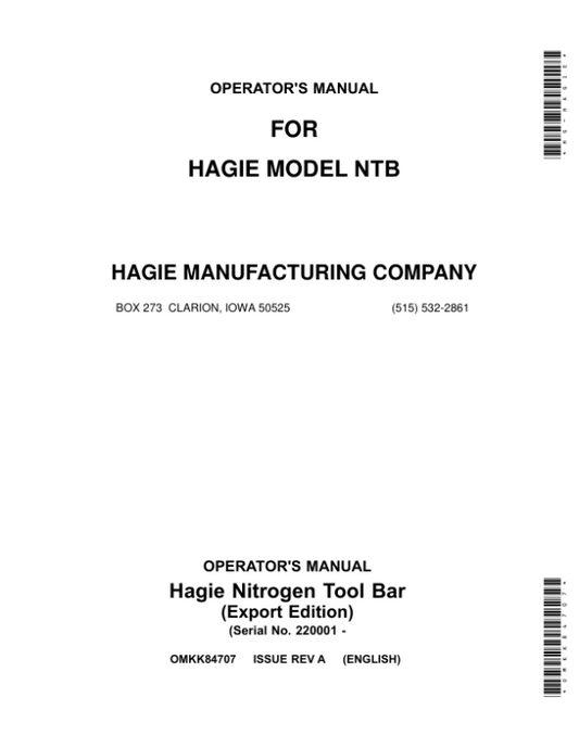John Deere Nitrogen Tool Bar (022001-) (Export Edition) Operator’s Manual (OMKK84707) Workshop Guide