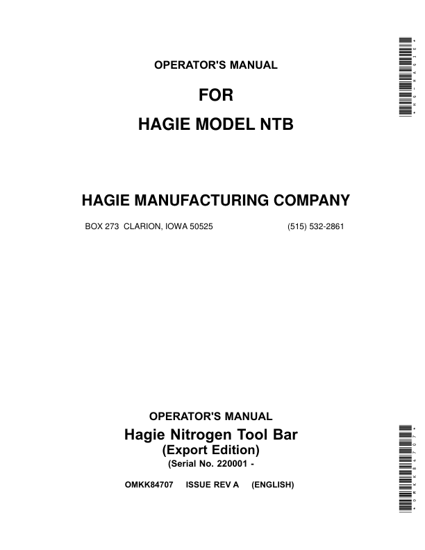 John Deere Nitrogen Tool Bar (022001-) (Export Edition) Operator’s Manual (OMKK84707) Workshop Guide