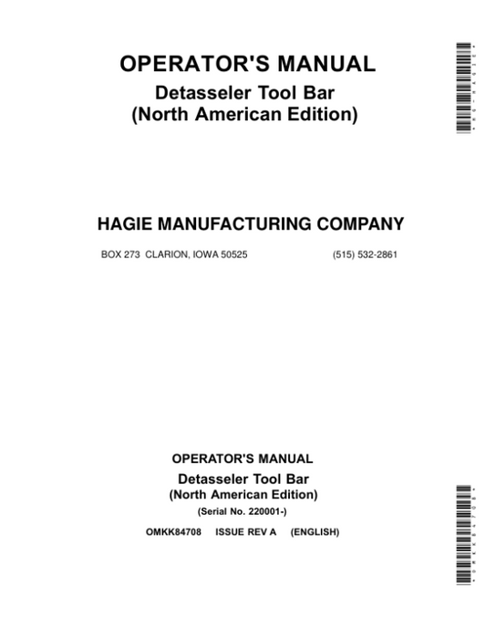 John Deere Detasseler Tool Bar (220001-) (North American) Operator’s Manual (OMKK84708) Workshop Guide