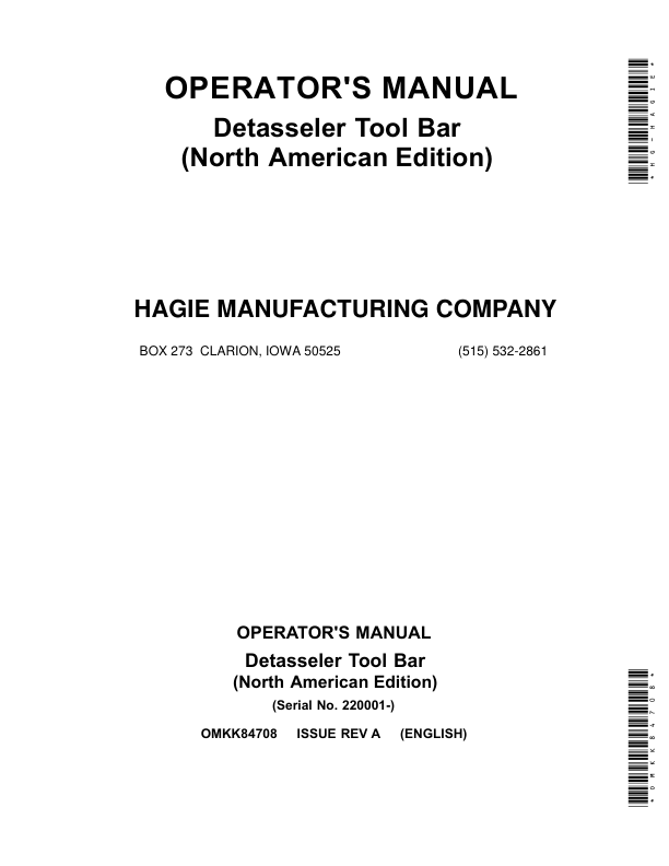 John Deere Detasseler Tool Bar (220001-) (North American) Operator’s Manual (OMKK84708) Workshop Guide