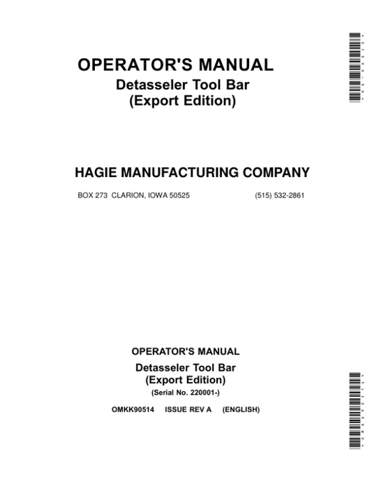 John Deere Detasseler Tool Bar (220001-) (Export Edition) Operator’s Manual (OMKK90514) Workshop Guide
