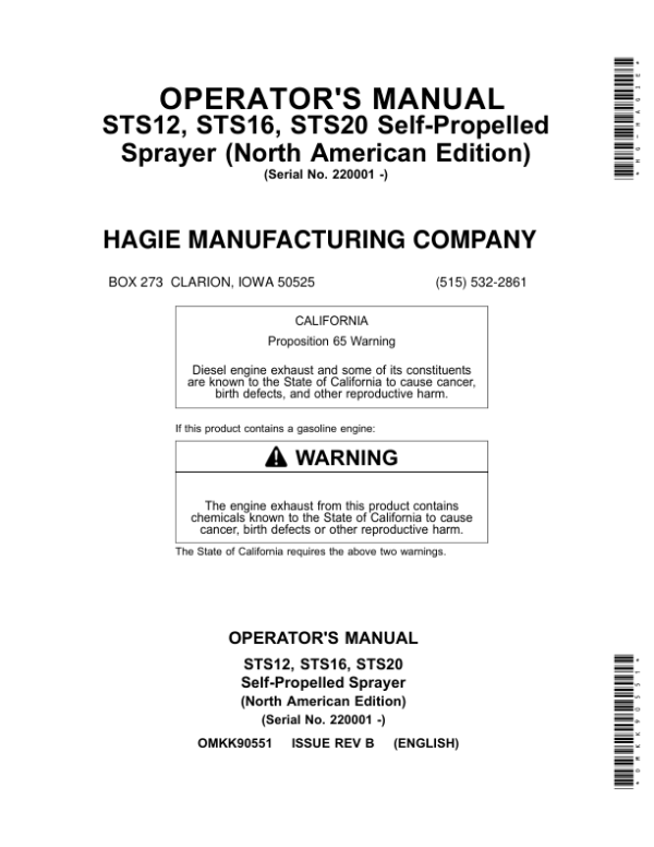 John Deere STS12, STS16, STS20 Self-Propelled Sprayer (022001-023000) (North American) Operator’s Manual (OMKK90551) Workshop Guide
