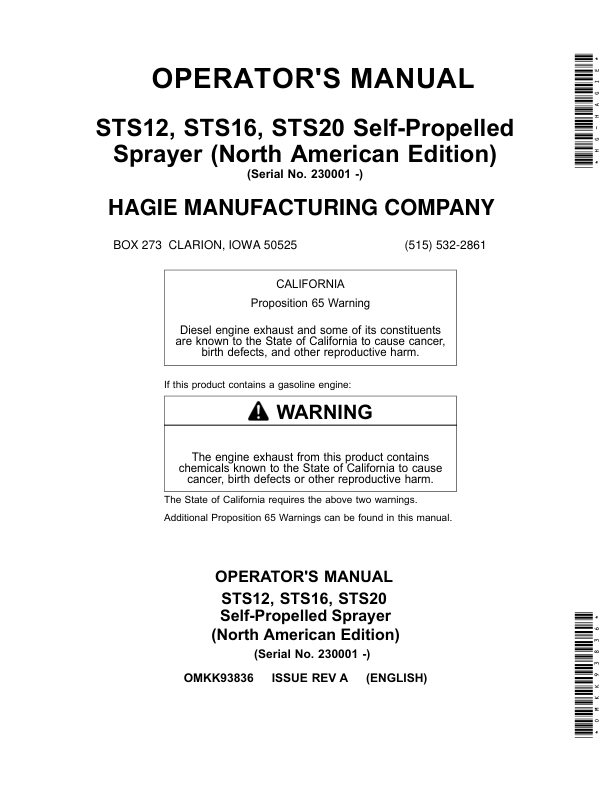 John Deere STS12, STS16, STS20 Self-Propelled Sprayer (230001-) (North American) Operator’s Manual (OMKK93836) Workshop Guide