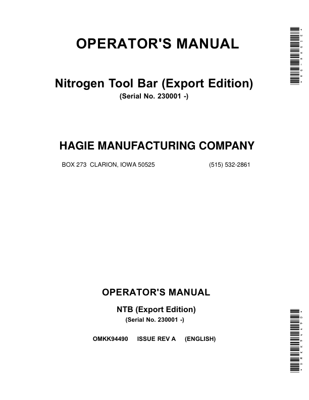 John Deere Nitrogen Tool Bar (230001-) (Export Edition) Operator’s Manual (OMKK94490) Workshop Guide