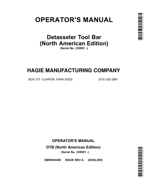 John Deere Detasseler Tool Bar  (230001-) (North American) Operator’s Manual (OMKK94498) Workshop Guide