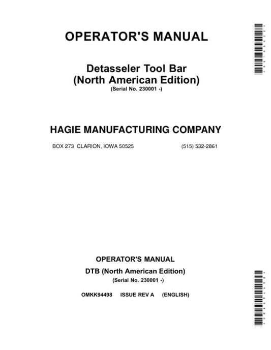 John Deere Detasseler Tool Bar  (230001-) (North American) Operator’s Manual (OMKK94498) Workshop Guide