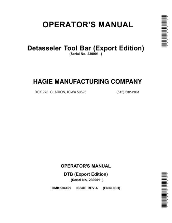 John Deere Detasseler Tool Bar (230001-) (Export Edition) Operator’s Manual (OMKK94499) Workshop Guide