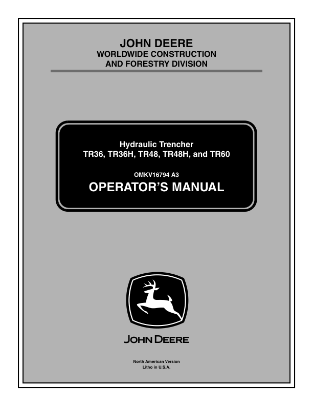 John Deere TR36, TR36H, TR48, TR48H, TR60 Attachments Operator’s Manuals (OMKV16794) Workshop Guide