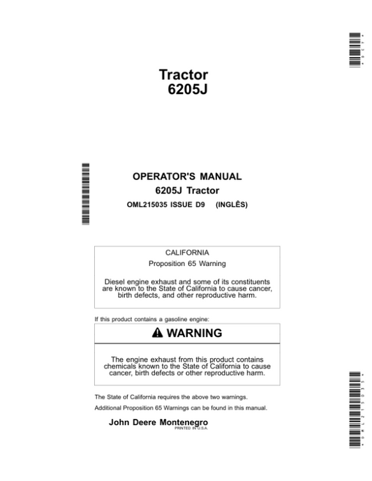John Deere 6205J Tractors (Manufactured in Montenegro) Operator’s Manual (OML215035) Workshop Guide