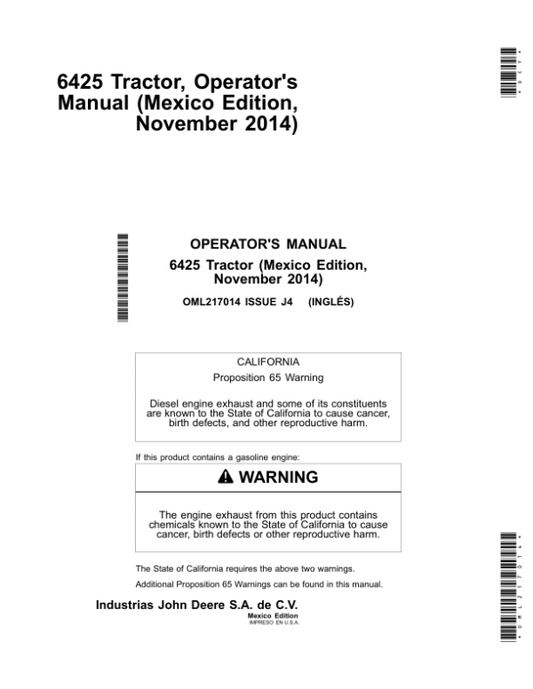 John Deere 6425 Tractor North America Operator’s Manual (OML217014) Workshop Guide