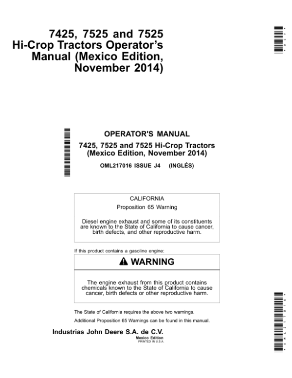 John Deere 7425, 7525 & 7525 Hi-Crop Tractors North America Operator’s Manual (OML217016) Workshop Guide