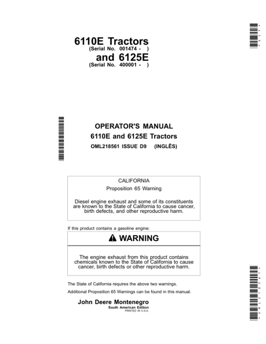 John Deere 6110E & 6125E Tractors (Manufactured in Montenegro) Operator’s Manual (OML218561) Workshop Guide