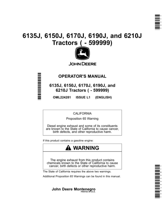 John Deere 6135J, 6150J, 6170J, 6190J, 6210J Tractors (-599999) Operator’s Manual (OML224281) Workshop Guide