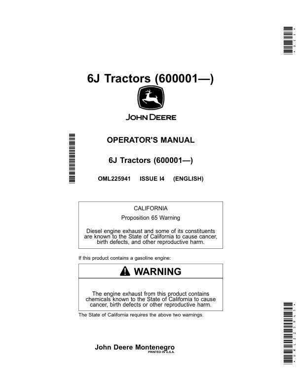 John Deere 6J Tractors (600001—) Operator’s Manual (OML225941) Workshop Guide
