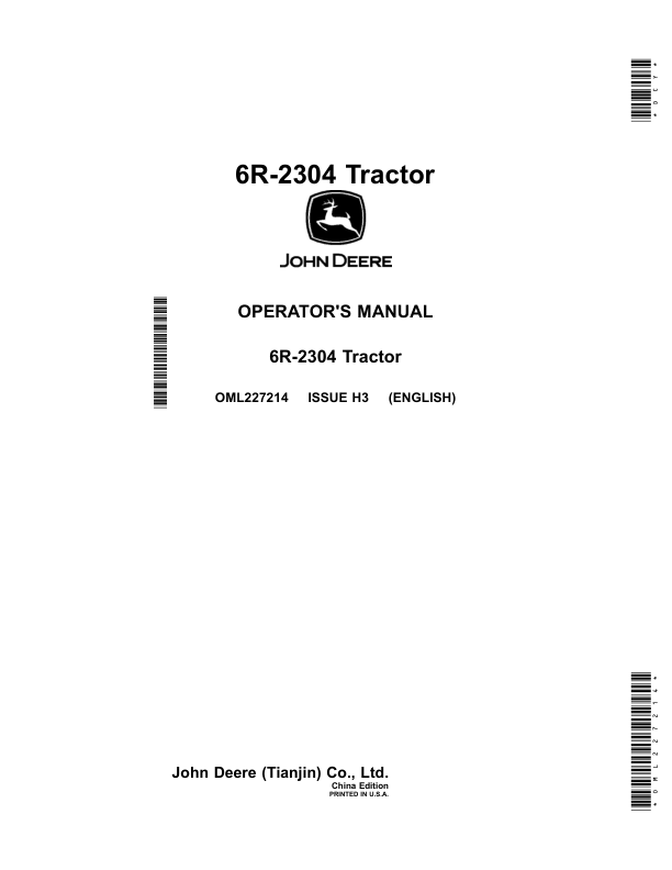 John Deere 6R-2304 Tractor (China Edition) Operator’s Manual (OML227214) Workshop Guide