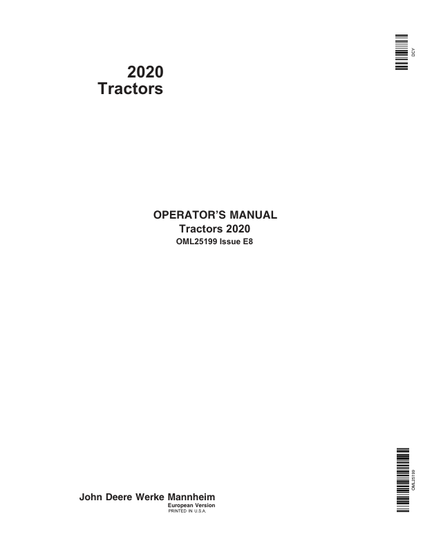 John Deere 2020 Tractors Operator’s Manual (OML25199) Workshop Guide