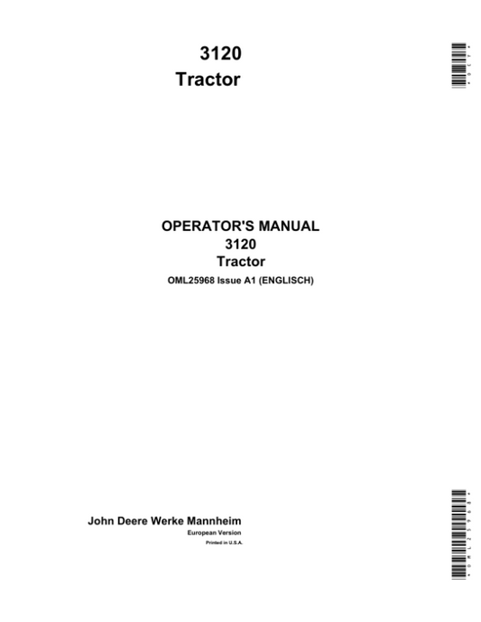 John Deere 3120 Tractor Operator’s Manual (OML25968) Workshop Guide