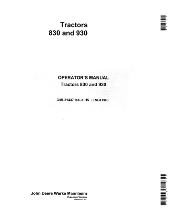 John Deere 830, 930 Tractors Operator’s Manual (OML31437) Workshop Guide