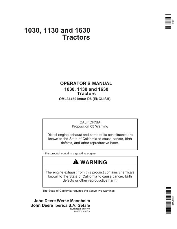 John Deere 1030, 1130, 1630 Tractors Operator’s Manual (OML31450) Workshop Guide