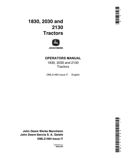John Deere 1830, 2030, 2130 Tractor Operator’s Manual (OML31484) Workshop Guide