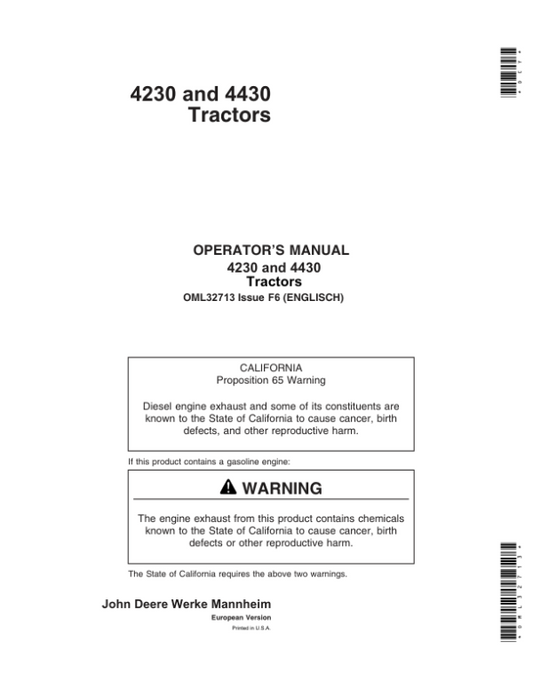 John Deere 4230 & 4430 Tractor Operator’s Manual (OML32713) Workshop Guide