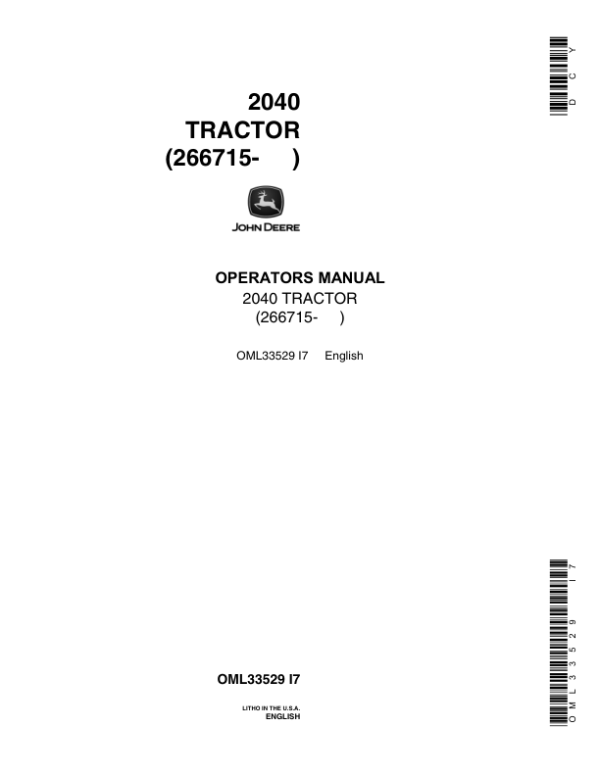John Deere 2040 Utility Tractor Operator’s Manual (OML33529) Workshop Guide