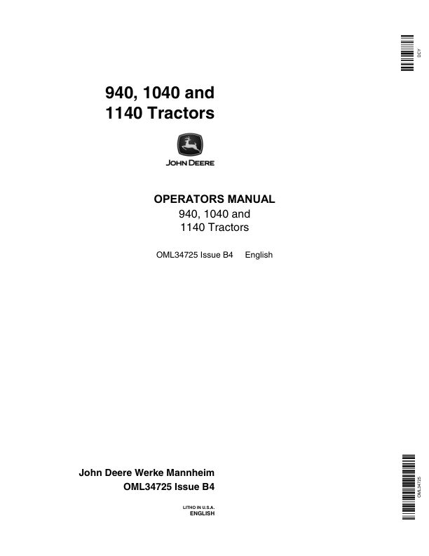 John Deere 940, 1040, 1140 Tractors Operator’s Manual (OML34725) Workshop Guide