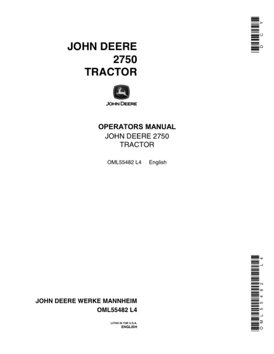 John Deere 2750 Tractor – Industrial Equipment Operator’s Manual (OML55482) Workshop Guide