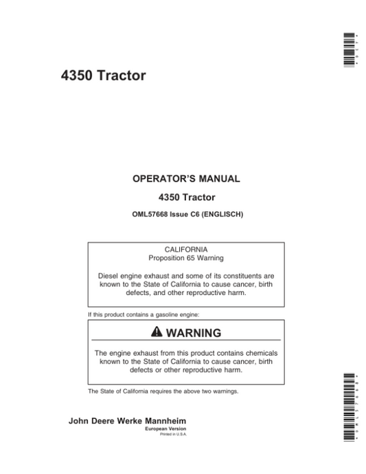 John Deere 4350 Tractor Operator’s Manual (OML57668) Workshop Guide