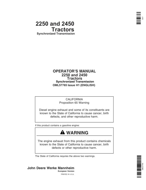 John Deere 2250, 2450 Tractors Operator’s Manual (OML57765) Workshop Guide