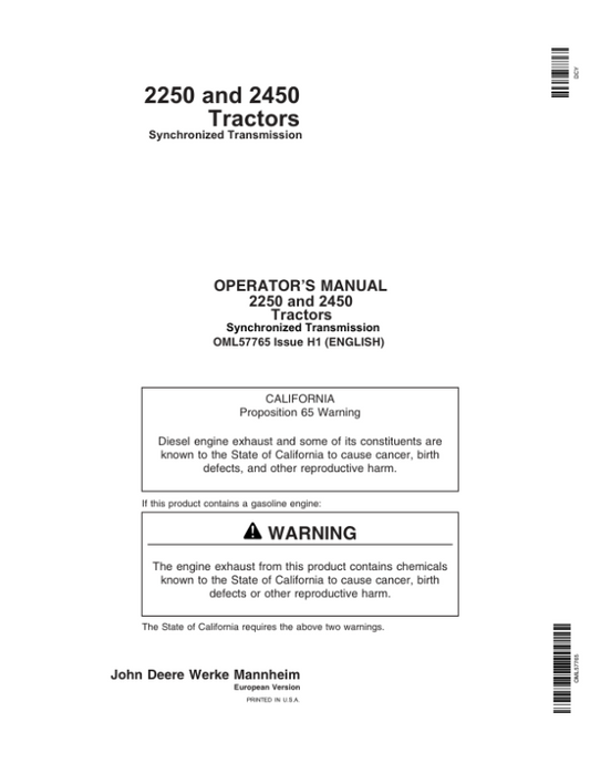 John Deere 2250, 2450 Tractors Operator’s Manual (OML57765) Workshop Guide