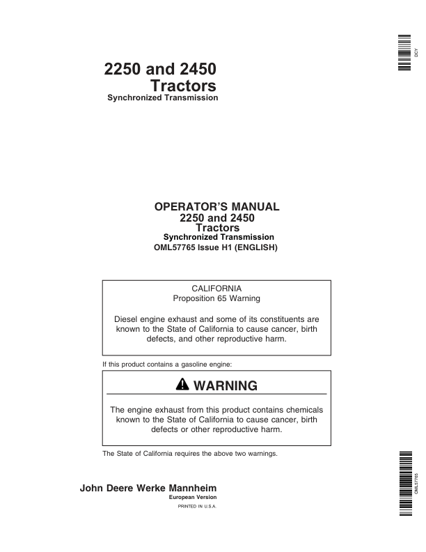 John Deere 2250, 2450 Tractors Operator’s Manual (OML57765) Workshop Guide