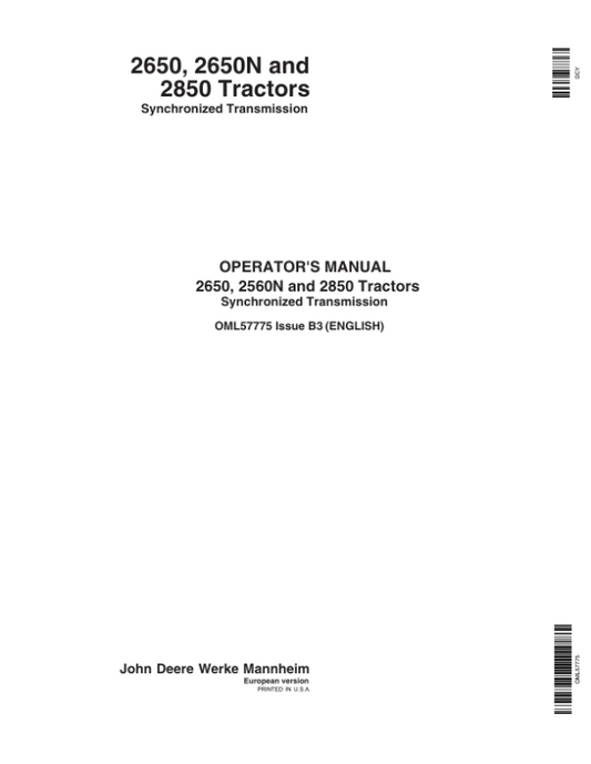 John Deere 2650, 2650N & 2850 Tractors Operator’s Manual (OML57775) Workshop Guide