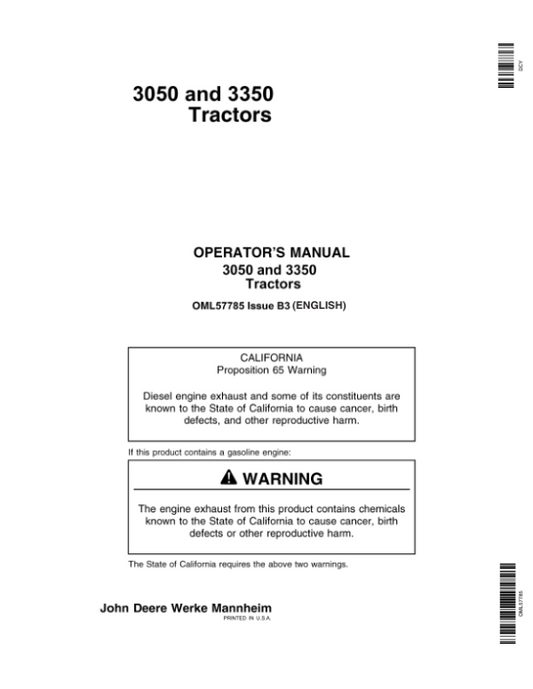 John Deere 3050, 3350 Tractors Operator’s Manual (OML57785) Workshop Guide