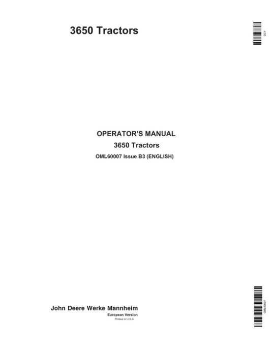 John Deere 3650 Tractors Operator’s Manual (OML60007) Workshop Guide