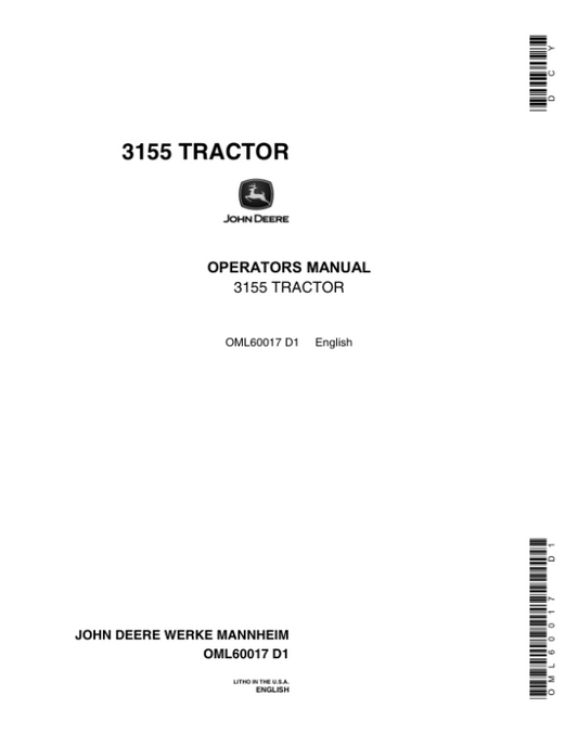 John Deere 3155 Utility Tractor Operator’s Manual (OML60017) Workshop Guide