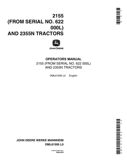 John Deere 2155 (62000L-) 2355N Tractors (FWD) Operator’s Manual (OML61595) Workshop Guide
