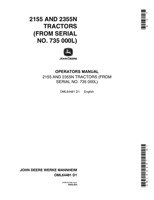 John Deere 2155, 2355N Tractors Operator’s Manual (OML64481) Workshop Guide