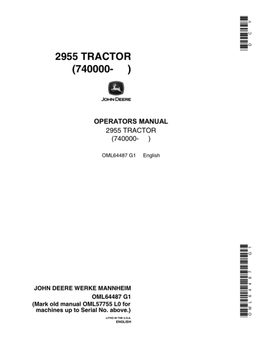 John Deere 2955 Utility Tractor Operator’s Manual (OML64487) Workshop Guide