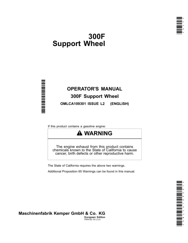 John Deere 300F Support Wheel for 375 Rotary Harvesting Unit Operator’s Manual (OMLCA109301) Workshop Guide