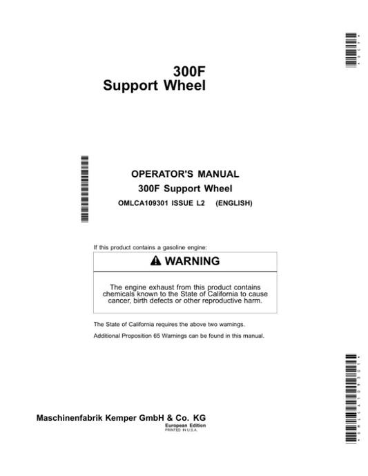 John Deere 300F Support Wheel for 375 Rotary Harvesting Unit Operator’s Manual (OMLCA109301) Workshop Guide