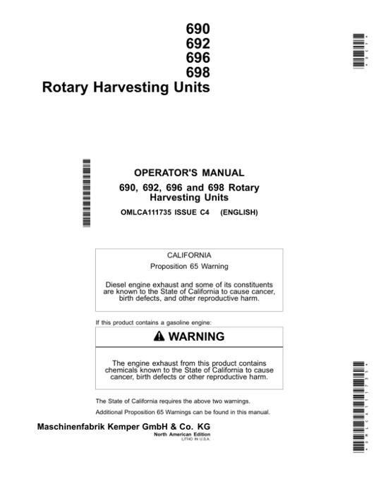 John Deere 690, 692, 696, 698 Rotary Harvesting Units Operator’s Manual (OMLCA111735) Workshop Guide