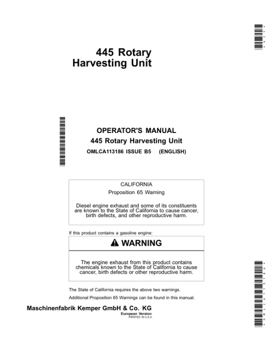 John Deere 445 Rotary Harvesting Unit Operator’s Manual (OMLCA113186) Workshop Guide